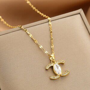 18K Gold Plated  Stainless Steel CC Simulated Diamond Pendant, Lip Chain